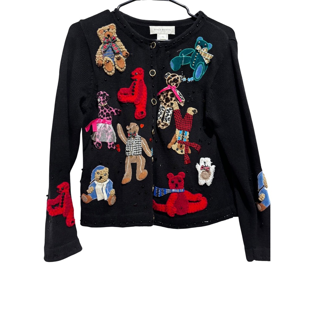 Vintage Susan Bristol Petite S Teddy Bear Applique Beaded Cardigan Sweater Retro